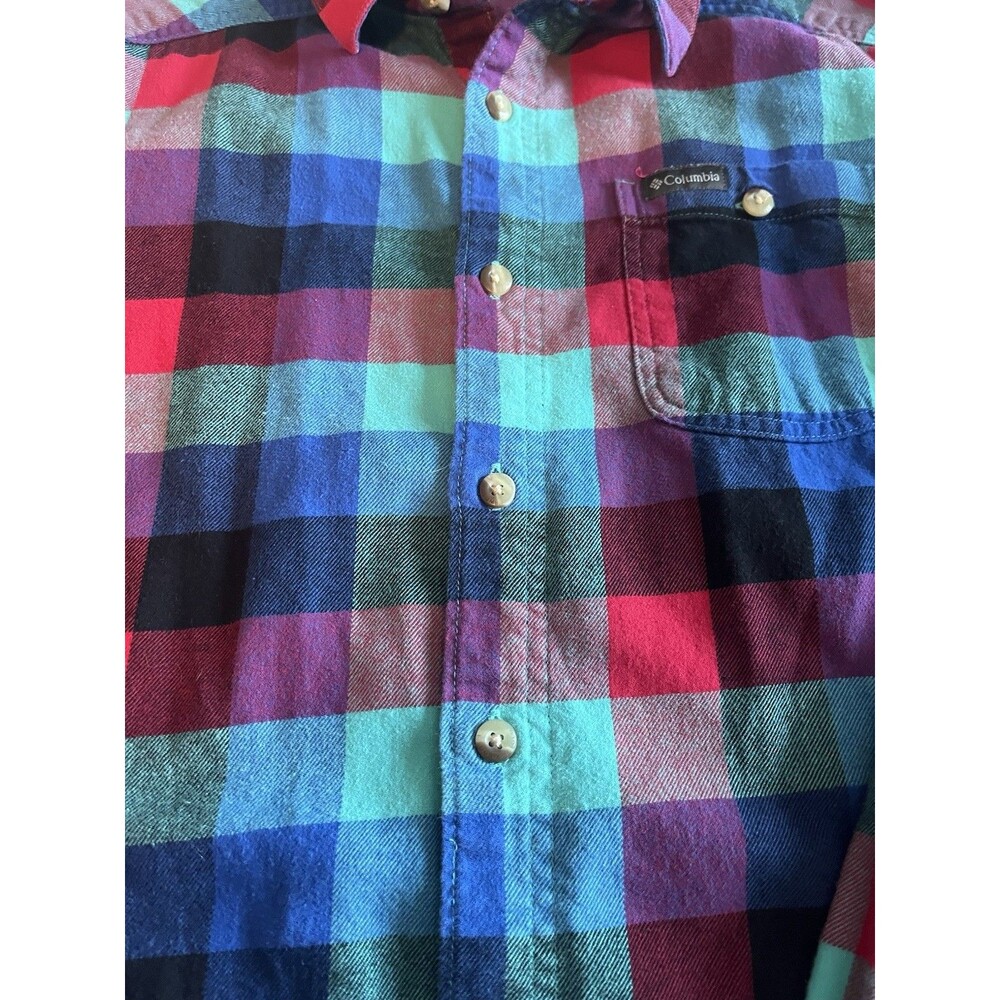 Columbia Cornell Woods Bright Aqua Buffalo Check Button Down Flannel Shirt L - Picture 3 of 12